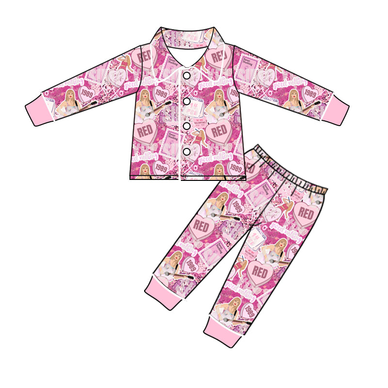 Baby Girl Toddler Long Sleeves Singer Buttons Shirt Pants Pajamas Pink Set