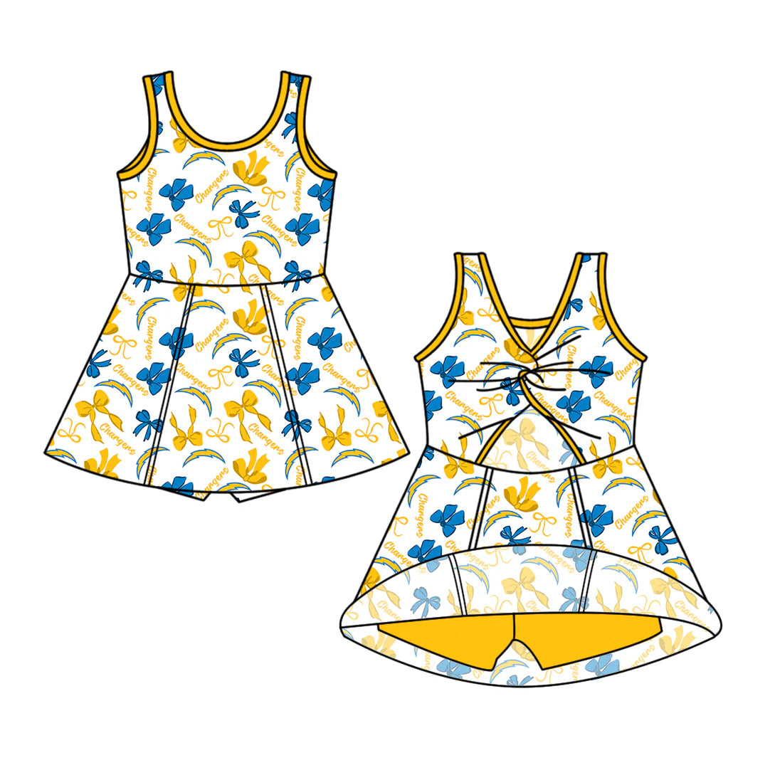 ( Moq 5 each style ) Baby Girl Toddler Team Yellow Blue Bows Sibling Skort Dress Set 6.4
