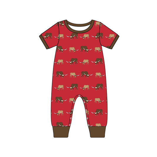 Baby Boy Infant Short Sleeves Western Cow Red Romper Moq 5