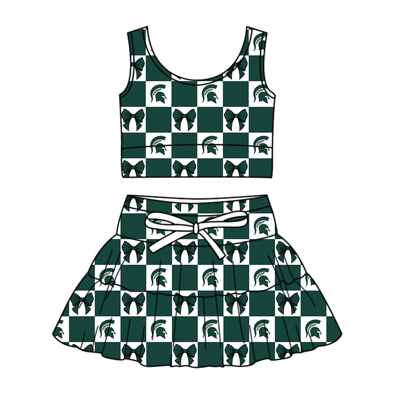 ( Moq 5 ) Baby Girls Toddler Bows Green Plaid Tops Shorts Skirt Team Set
