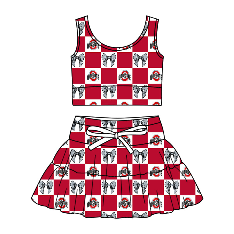 ( Moq 5 ) Baby Girls Toddler Bows Red Checked Tops Shorts Skirt Team Set