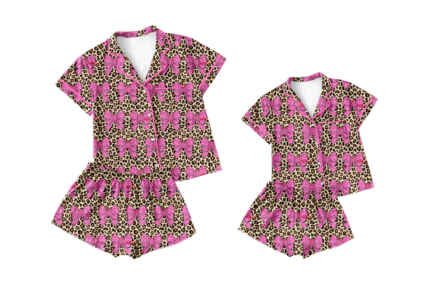 ( Moq 5 Each Style ) Baby Girl Adult Women Leopard Bows Sibling Mommy And Me Family Pajamas Set