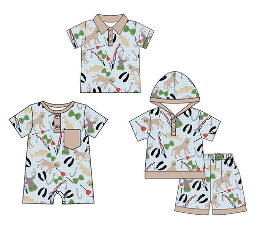 Baby Boy Short Sleeves Dogs Deer Fishing Sibling Romper Shirt Set ( Moq 5 Each Style ) 3.4
