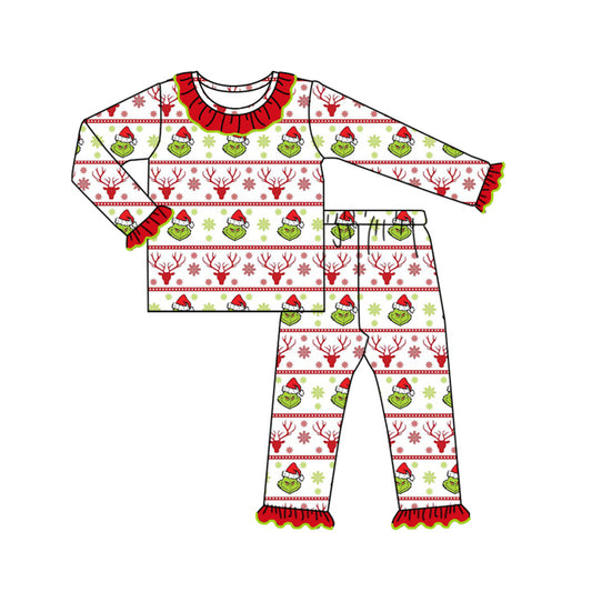 Baby Girl Long Sleeves Green Face Deer Shirt Pants Pajamas Christmas Set