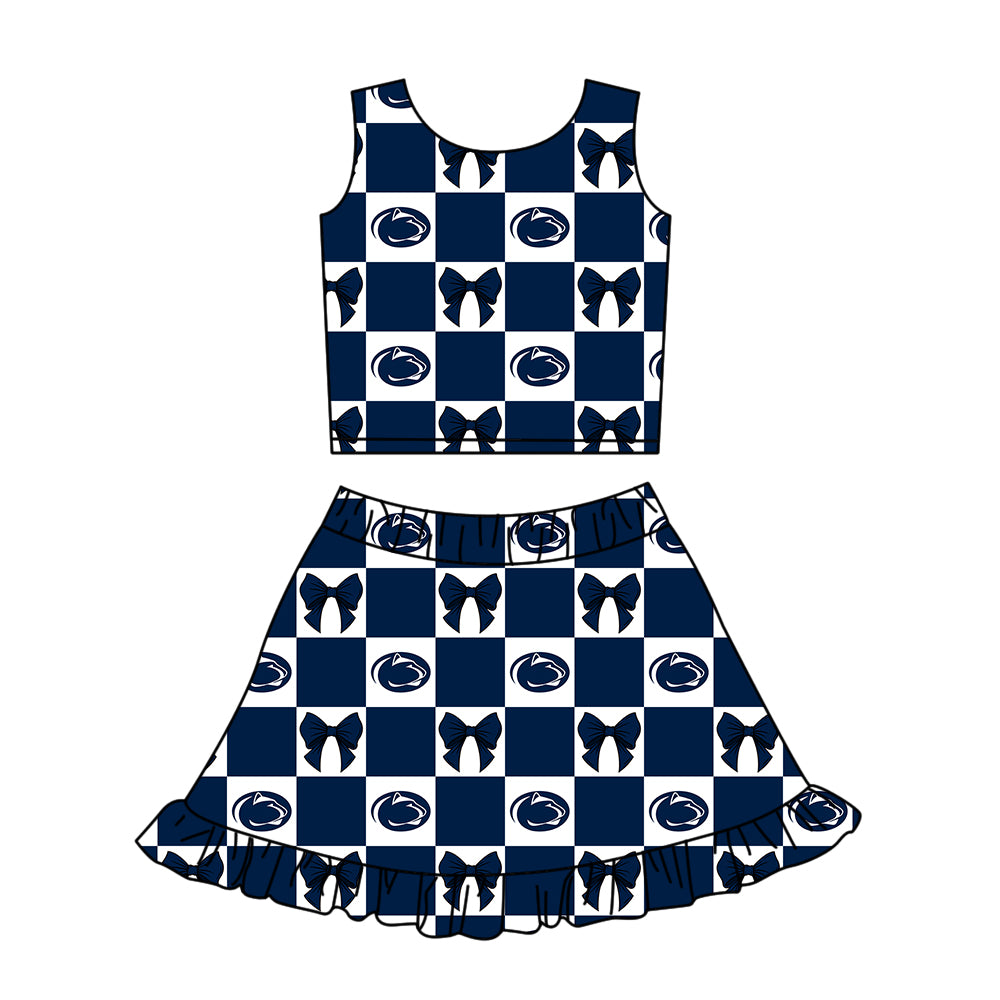 ( Moq 5 ) Baby Girls Kids Toddler Leopard Bows Navy Checked Tops Shorts Ruffle Skirt Team Set