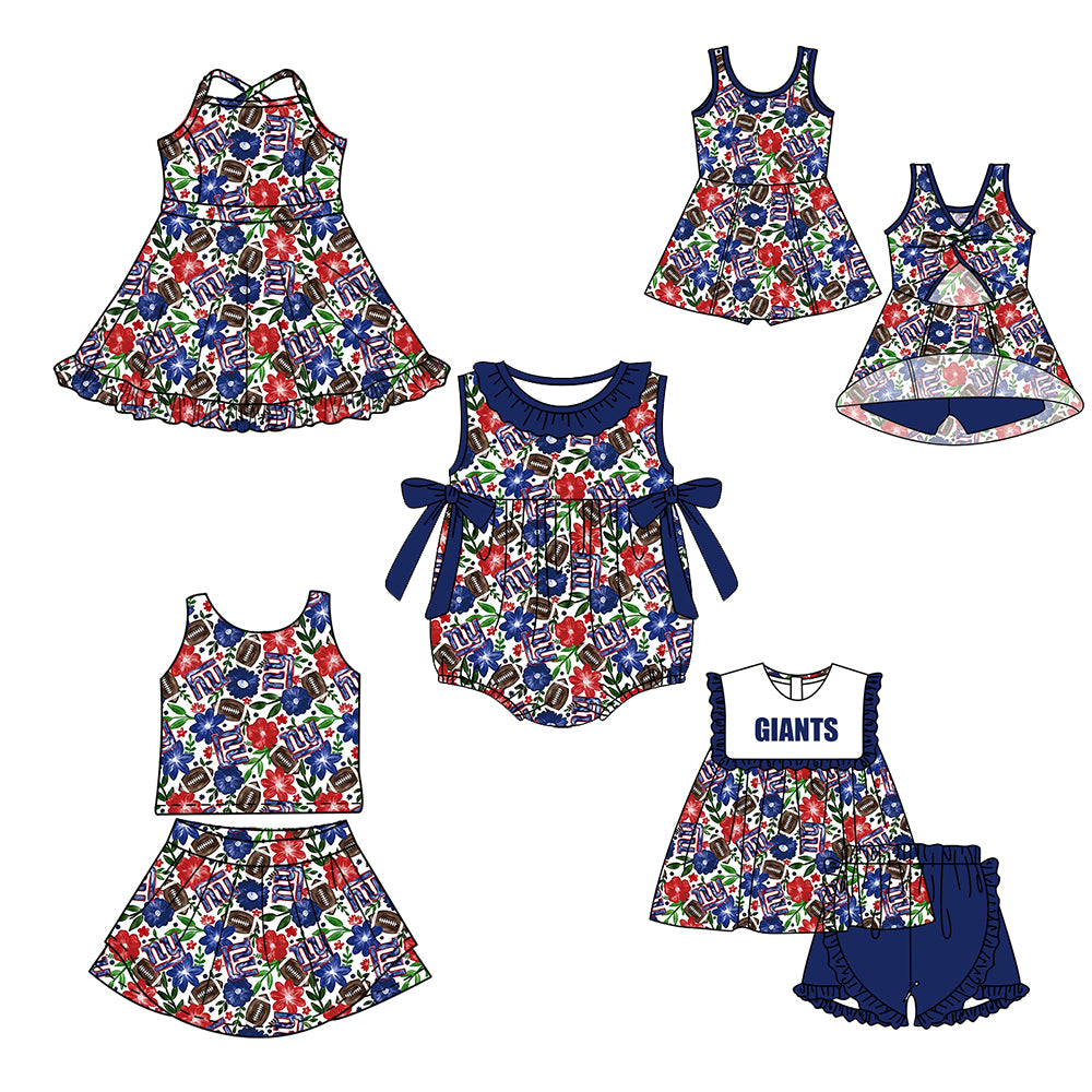 ( Moq 5 Each Style ) Baby Girls Kids Sleeveless Football Flower Blue Bows Sibling Romper Dresses Sets