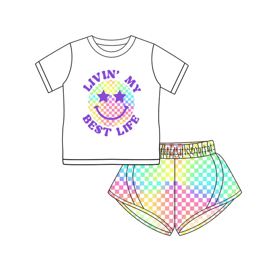 Baby Girl Short Sleeves Smile Shirt Colorful Checked Shorts Set ( Moq 5 ) 3.7