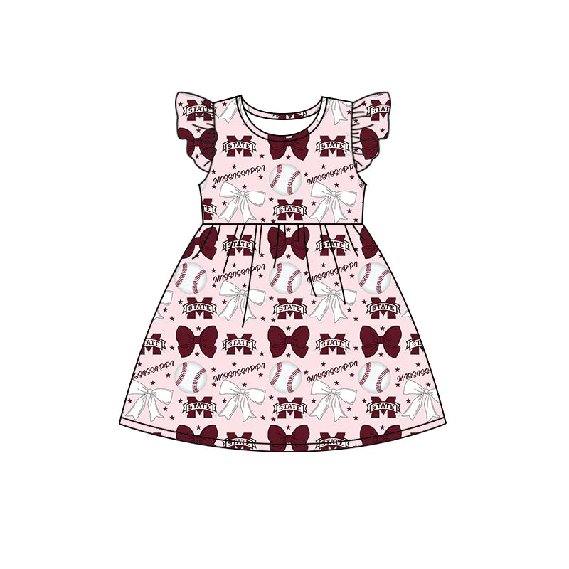 ( Moq 5 each style ) Baby Girl Toddler Team Bows Baseball Sibling Romper Dress Set 6.13