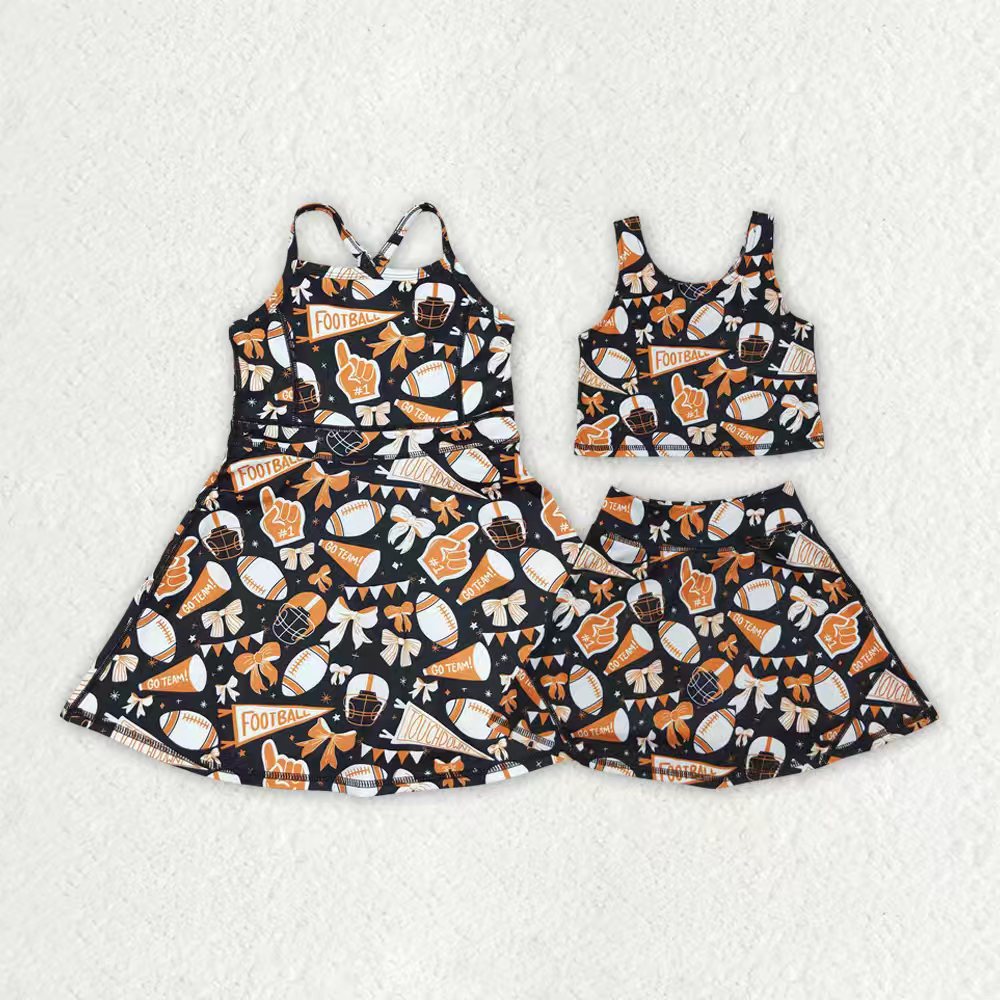 Baby Girl Sleeveless Football Bows Cheer Sibling Skorts Dress Set Yoga Active Clothes RTS