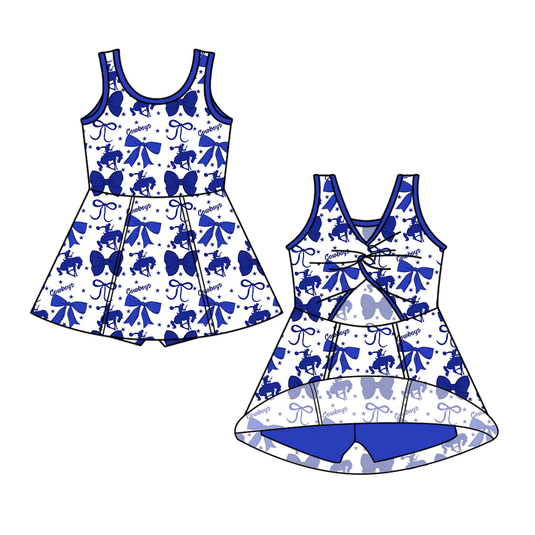 ( Moq 5 each style ) Baby Girl Summer Team Cheer Sibling Rodeo Blue Bows Dress Set 7.18