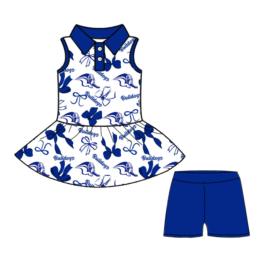 ( Moq 5 each style ) Baby Boy Girl Team Cheer Sibling Shirt Blue Bows Dress Set 8.11