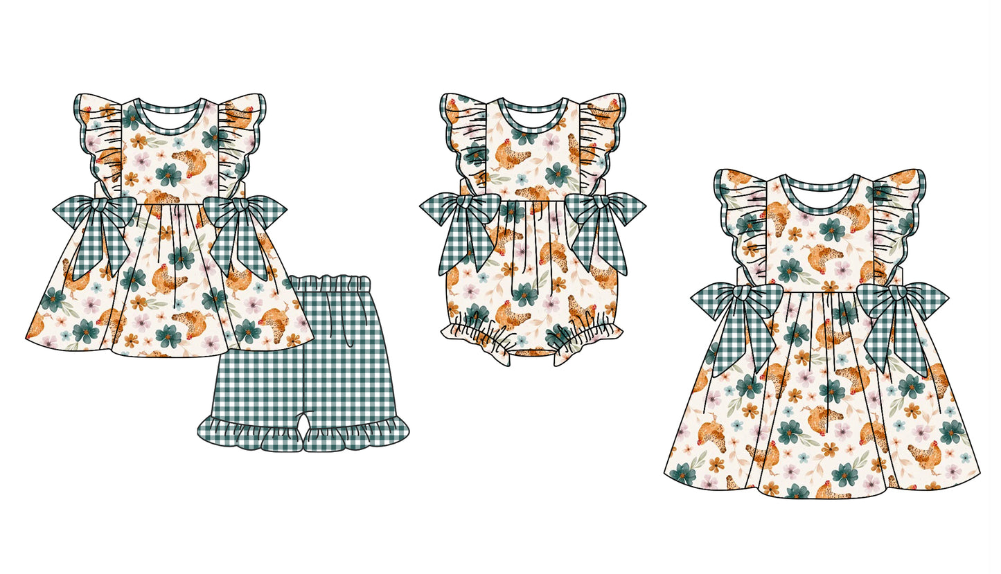 Baby Girl Short Sleeves Chicken Flower Romper Dress Clothes Set ( Moq 5 Each Design )12.2
