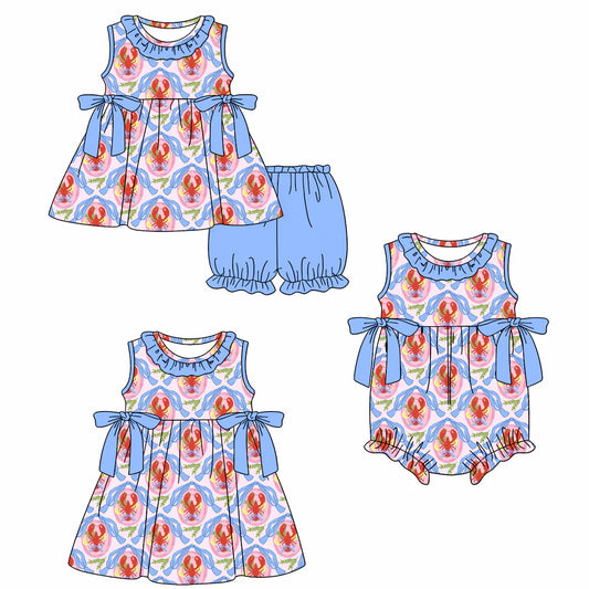 ( Moq 5 Each Style ) Baby Girls Kids Crayfish Blue Bows Sibling Summer  Romper Dress Set