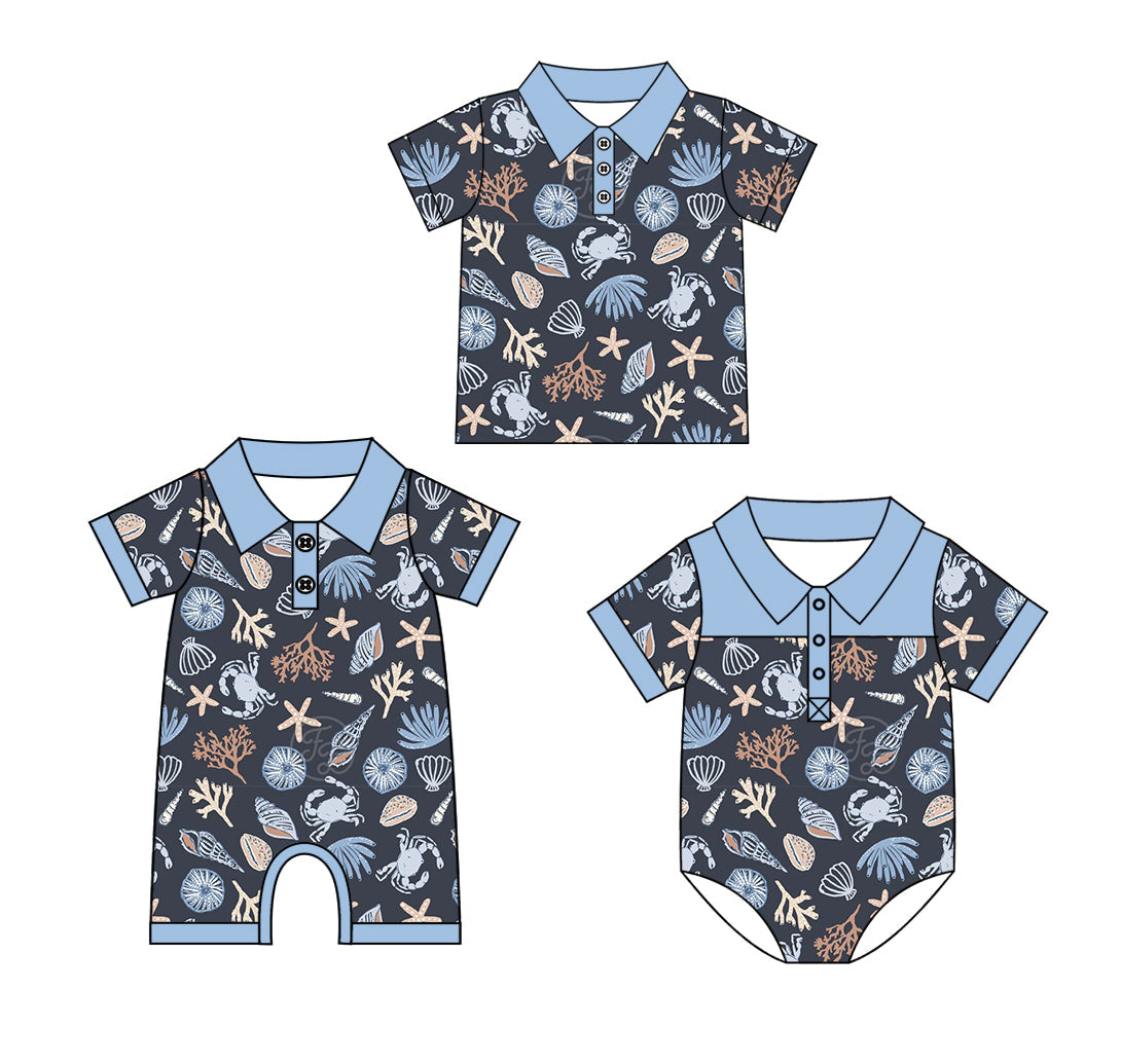 ( Moq 5 Each Style ) Baby Boy Short Sleeves Crab Shell Sibling Romper Shirt 3.27