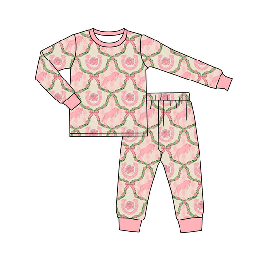 Baby Girl Long Sleeves Horse Flower Bow Shirt Pants Pajamas Western Set