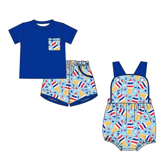( Moq 5 Each Style ) Sibling Baby Boys Kids Short Sleeves Popsicle Shirt Pockets Shorts 4th of July Set Romper