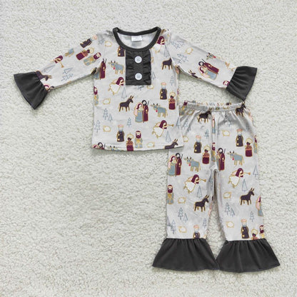 BLP0235 Baby Boy Long Sleeves Shirt Pants Christmas Nativity Outfit Pajamas