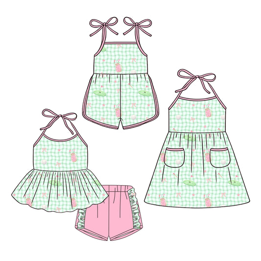 ( Moq 5 Each Style ) Baby Girls Kids Sleeveless Golf Green Plaid Sibling Jumpsuit Dress Set
