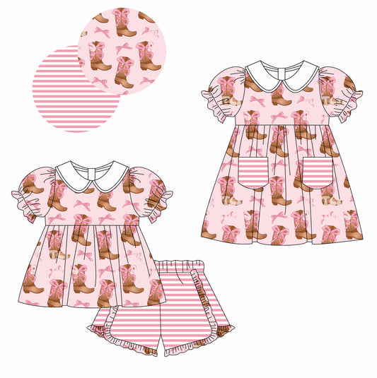 Baby Girl Short Sleeves Boots Bows Sibling Matching Dress Clothes Set ( Moq 5 Each Design )