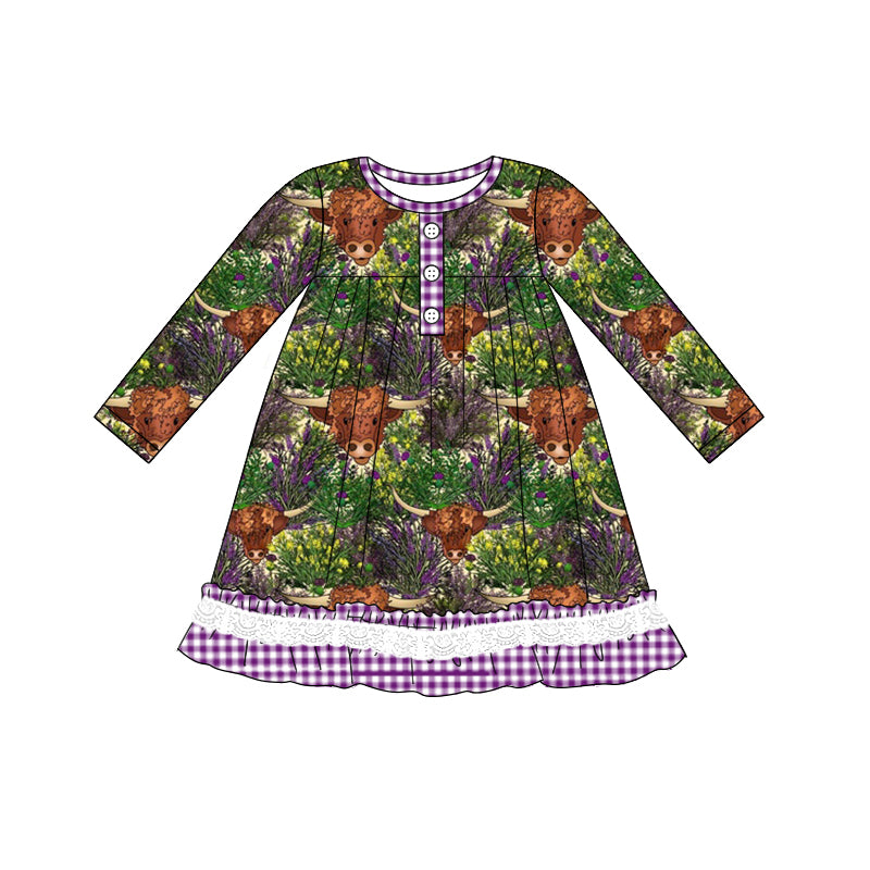 Baby Girl Long Sleeves Cow Purple Plaid Dress