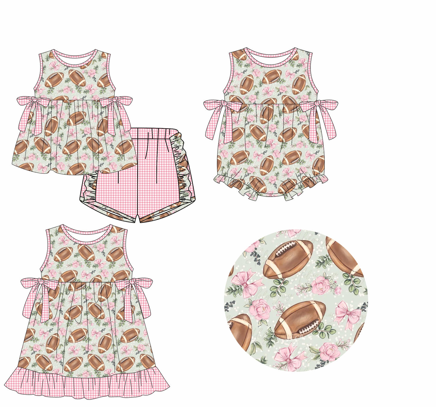 ( Moq 5 Each Style ) Baby Girl Football Flower Bows Sibling Romper Dress Set 3.25