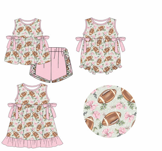 ( Moq 5 Each Style ) Baby Girl Football Flower Bows Sibling Romper Dress Set 3.25