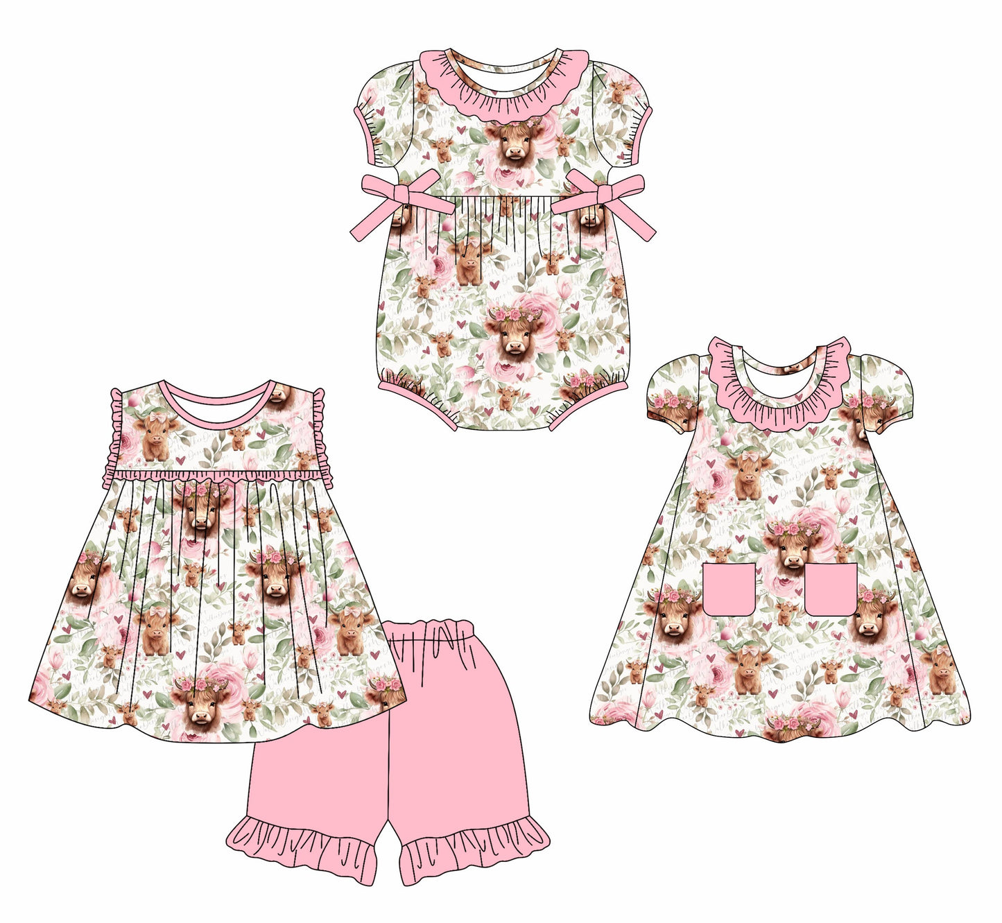 Baby Girl Western Cow Flower Sibling Romper Dress Set ( Moq 5 Each Style ) 2.15