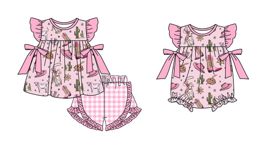 ( Moq 5 Each Style ) Baby Girl Short Sleeves Western Cowgirl Bows Sibling Romper Set 3.26