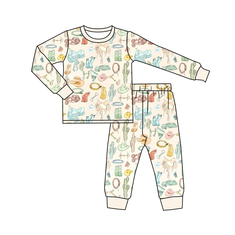 Baby Kids Toddler Long Sleeves Western Print Shirt Pants Pajamas Set Moq 5