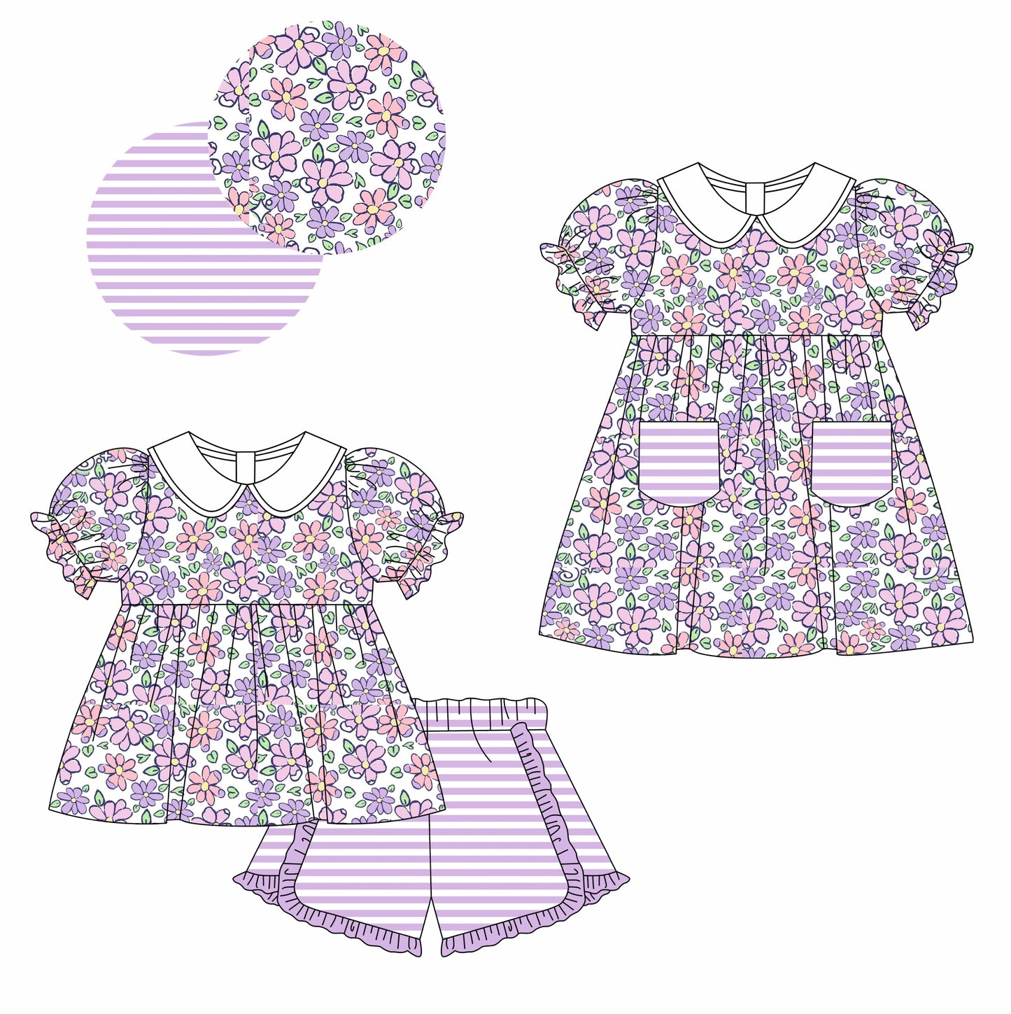 Baby Girl Short Sleeves Purple Flower Sibling Matching Romper Dress Clothes Set Moq 5 Each Design