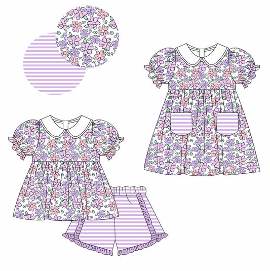 Baby Girl Short Sleeves Purple Flower Sibling Matching Romper Dress Clothes Set Moq 5 Each Design