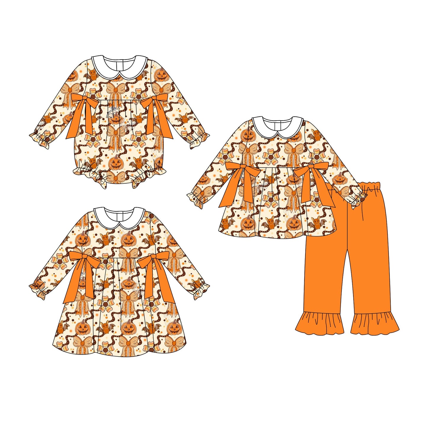 ( Moq 5 Each Style ) Baby Girl Toddler Bows Pumpkins Halloween Sibling Romper Dress Set