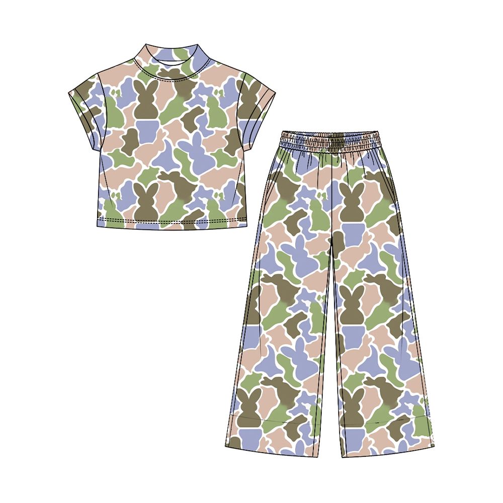 ( Moq 5 ) Preorder Baby Girls Kids Short Sleeves Camo Shirt Pockets Pants Rabbits Easter Set Clothes
