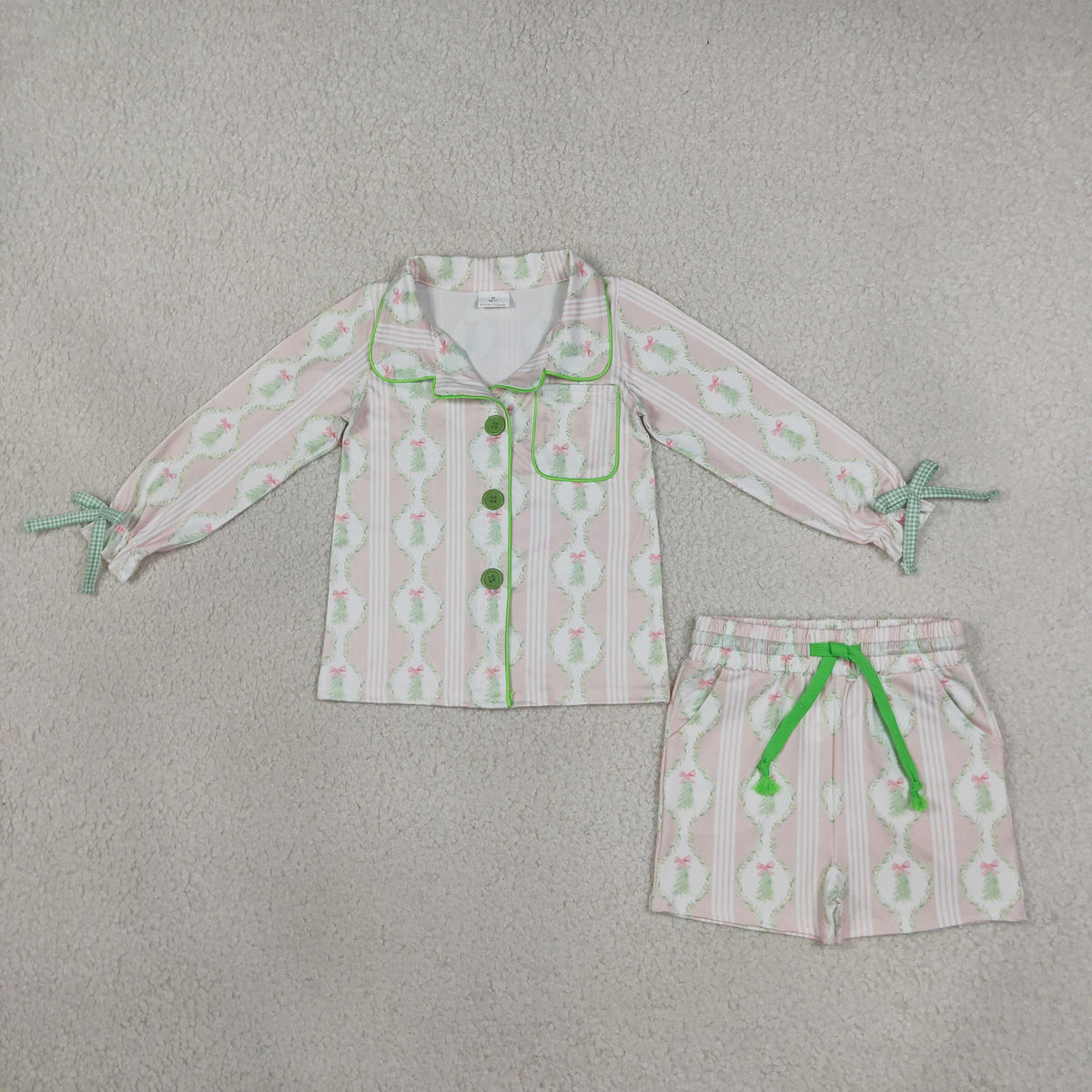 Baby Girls Kids Christmas Tree Bows Buttons Shirt Pockets Shorts Pajamas Set Clothes RTS