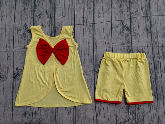 ( No moq ) Preorder Baby Girls Yellow Sleeveless Red Bows Tops Ruffle Shorts Set Clothes