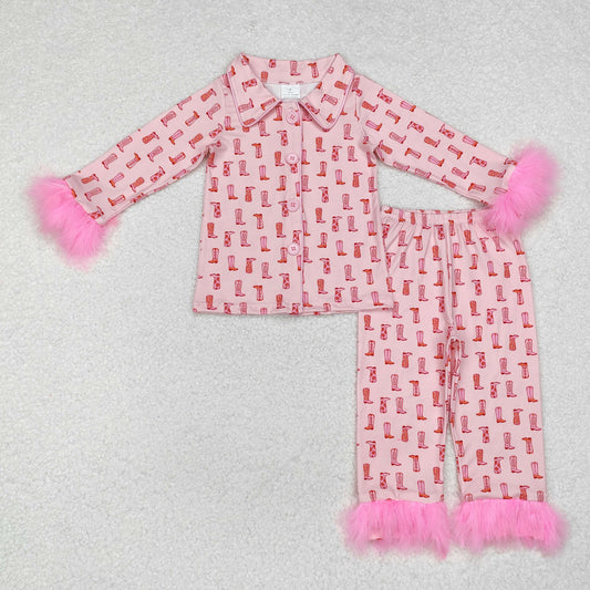 Baby Girl Western Boots Fur Buttons Shirt Pants Pink Pajamas Clothes Set