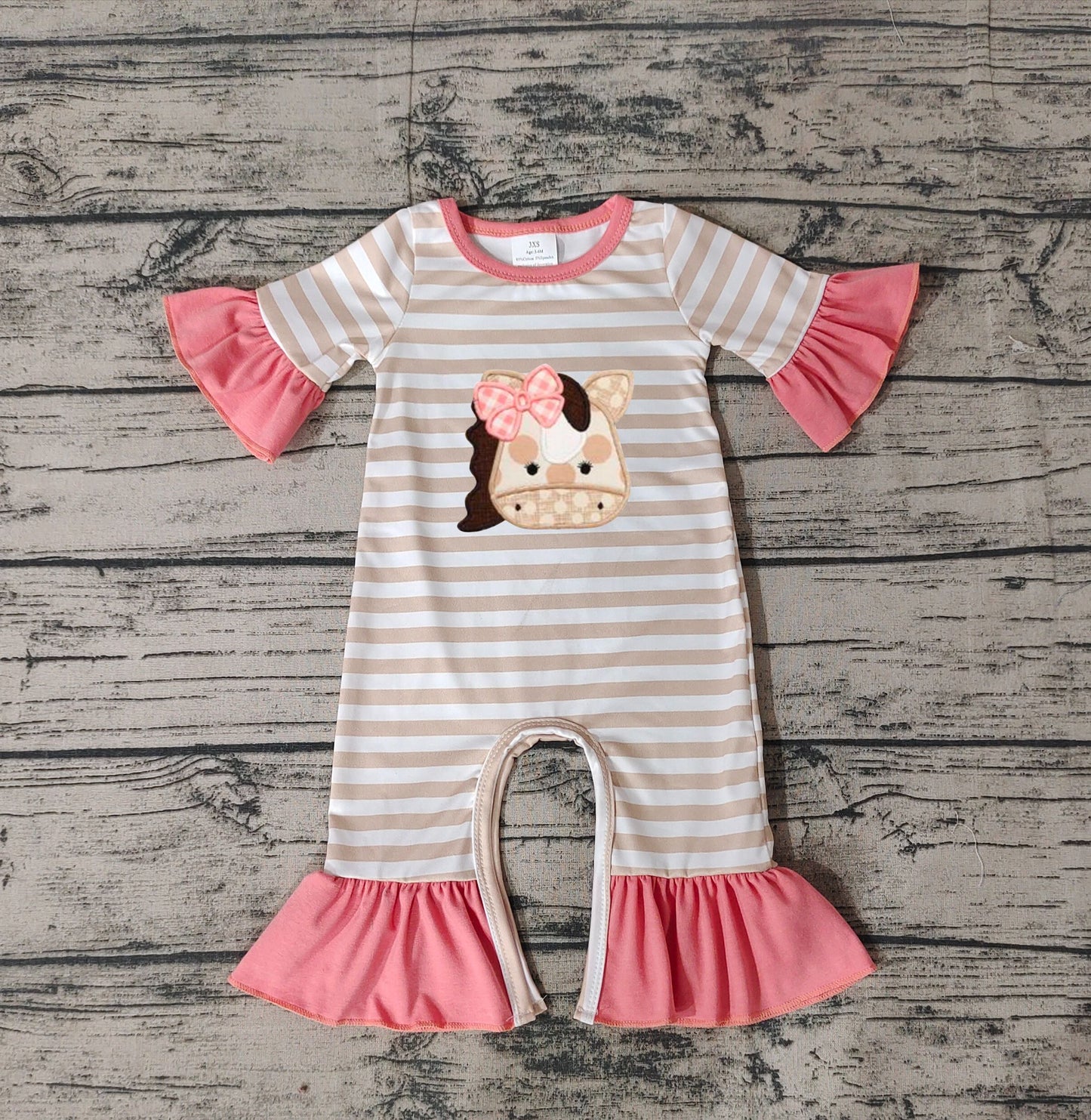 No moq Pre-order SR0674 Baby Girl Horse Ruffle Stripes Romper