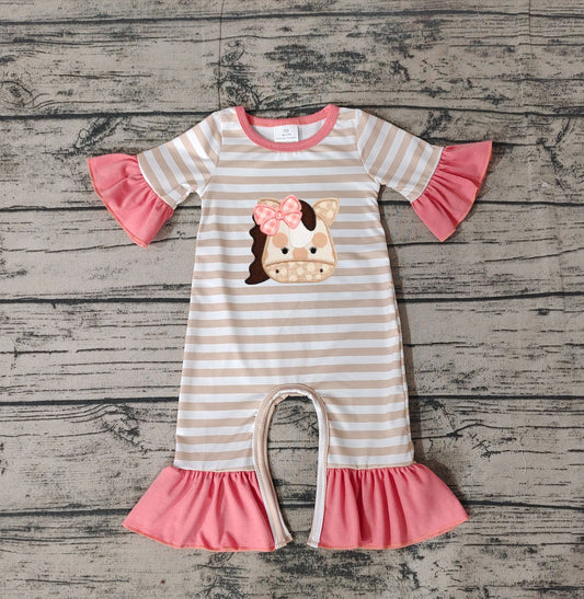 No moq Pre-order SR0674 Baby Girl Horse Ruffle Stripes Romper