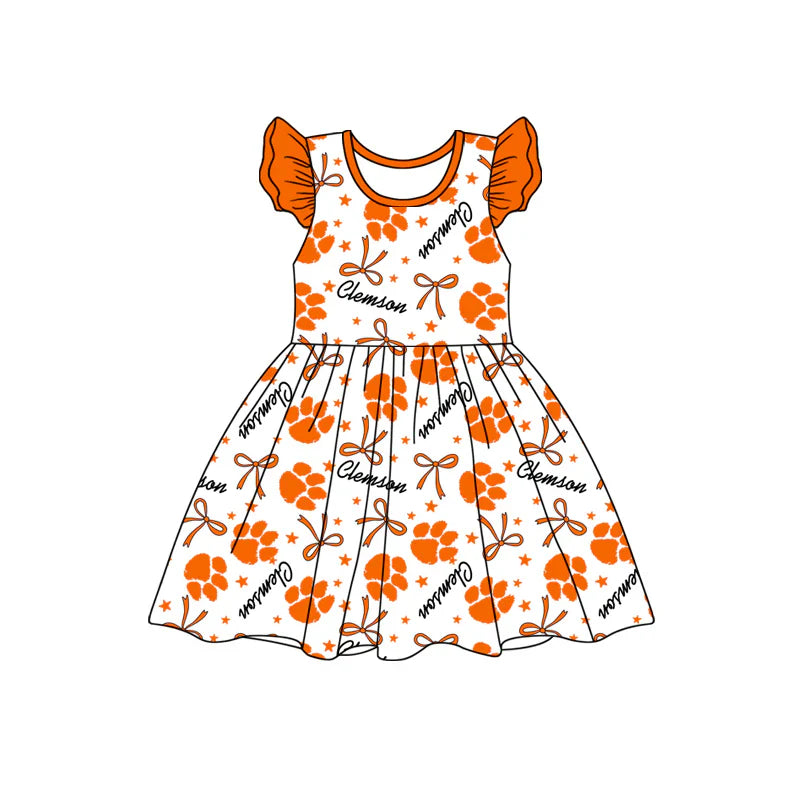 Baby Girl Orange Short Sleeves Team Bows Knee Length Dress ( Moq 5 )