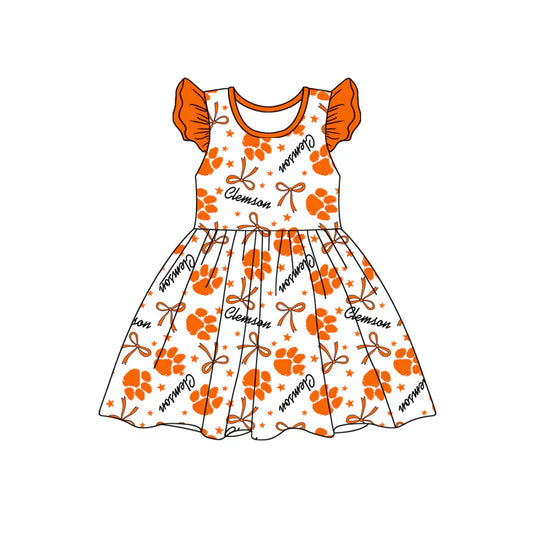 Baby Girl Orange Short Sleeves Team Bows Knee Length Dress ( Moq 5 )