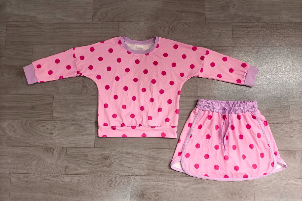 ( No moq ) Preorder Baby Girls Kids Long Sleeves Dots Shirt Skirt Shorts Pink Set Clothes