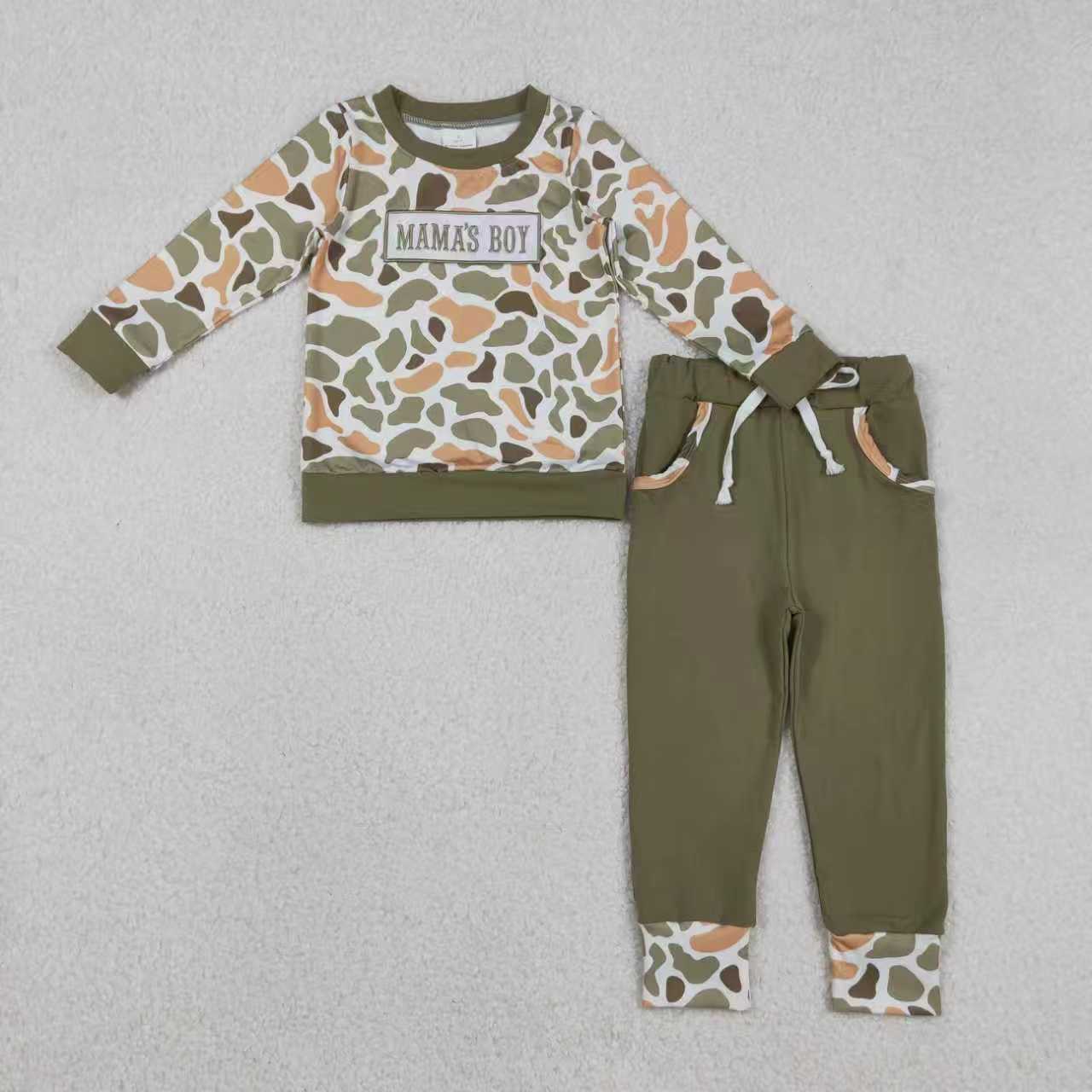 Sibling Baby Boys Embroidery Mama's Boy Orange Green Camo Print Romper Clothes Set RTS