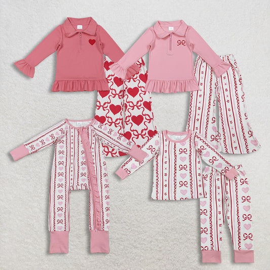 Sibling Baby Girls Kids Embroidery Zipper Shirt Hearts Bows Flower Pants Valentine Romper Sets RTS