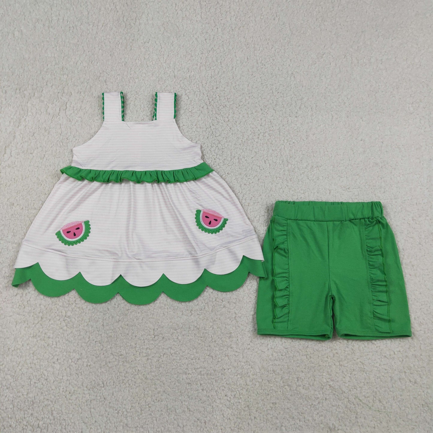 Baby Girls Kids Straps Embroidery Watermelon Tunic Green Shorts Clothes Set RTS