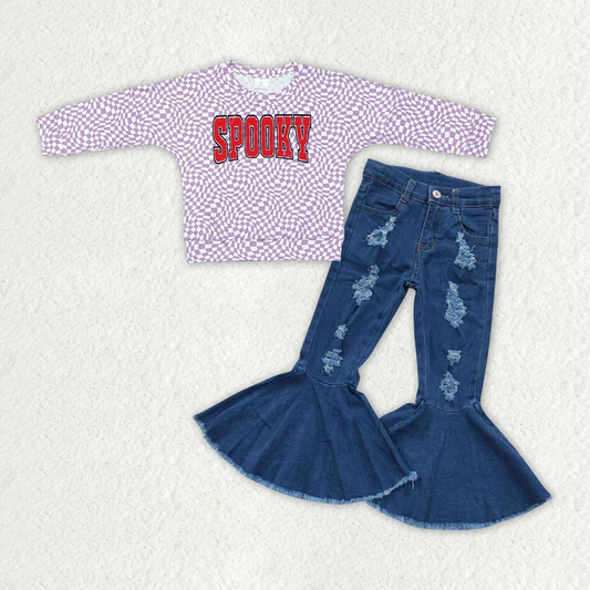 Baby Girl Purple Long Sleeves Spooky Plaid Shirt Denim Pants Halloween Set