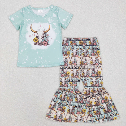 GSPO1090 Baby Girl Western Cow Short Sleeves Shirt Sunflower Bell Pants Set