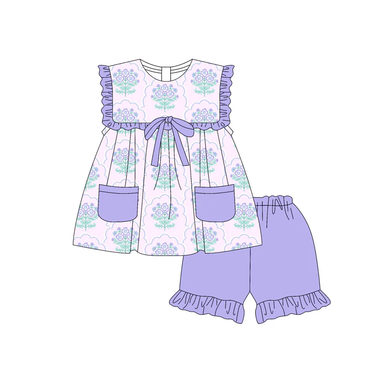 Baby Girl Sleeveless Purple Floral Pockets Tunic Ruffle Short Set ( Moq 5 )