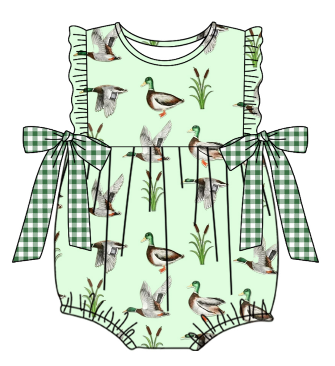 Baby Boy Girl Ducks Green Plaid Sibling Matching Green Dress Romper Clothes Set ( Moq 5 Each style )