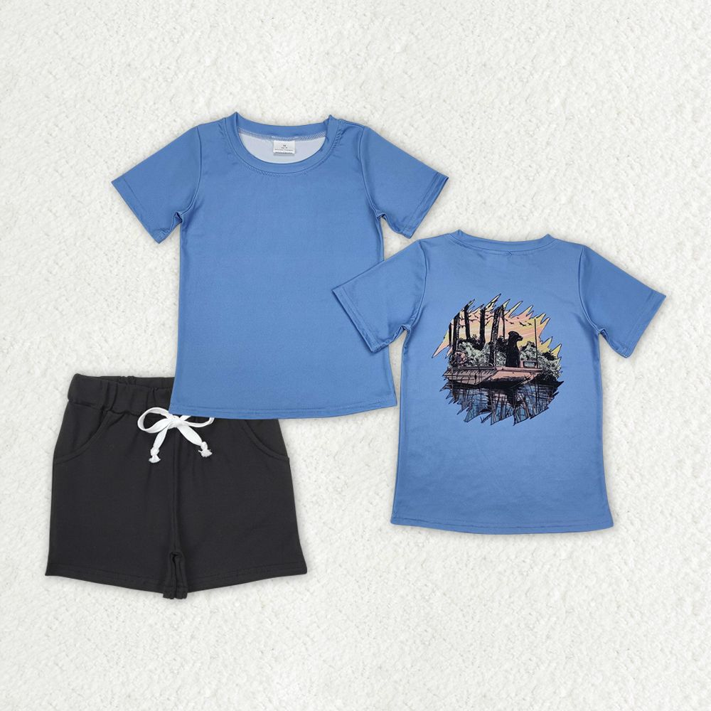 Baby Boy Short Sleeves Dog Fishing Blue Shirt Black Pocket Shorts Clothes Set