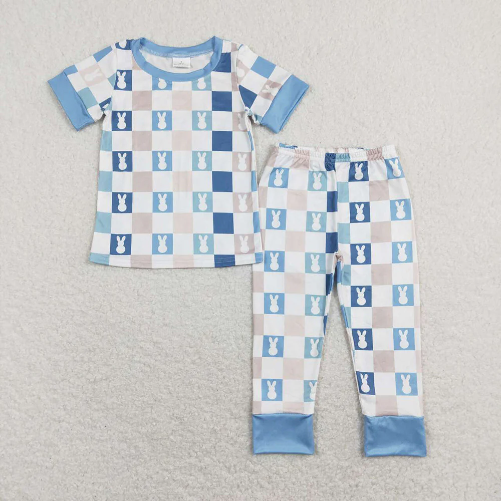 Baby Boy Kids Short Sleeves Checkered Rabbits Sibling Romper Pajamas Clothes Set